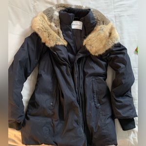 Babaton black, short, goose down coat with faux fur hoodie